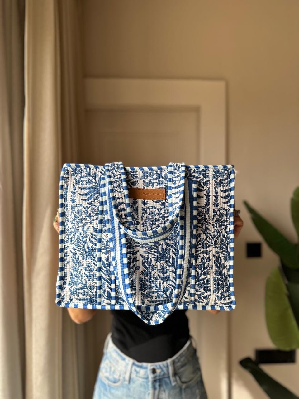 Quilted Tote Bag- Indigo Jaal