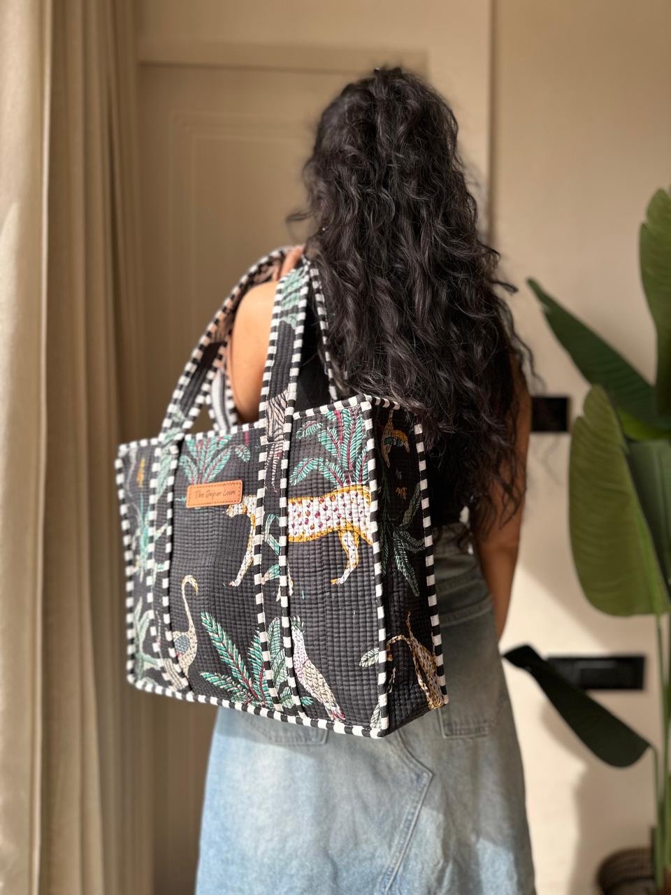 Quilted Tote Bag- Black Jungle - Image 9