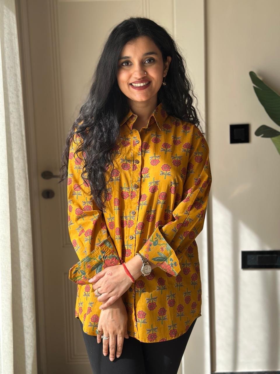 Raima Cotton Shirt- Mustard Booti - Image 4