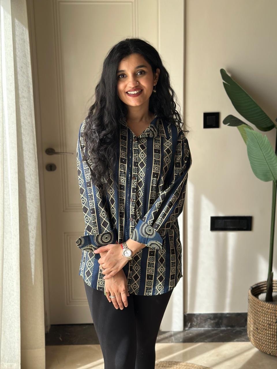 Raima Cotton Shirt- Navy Stripes