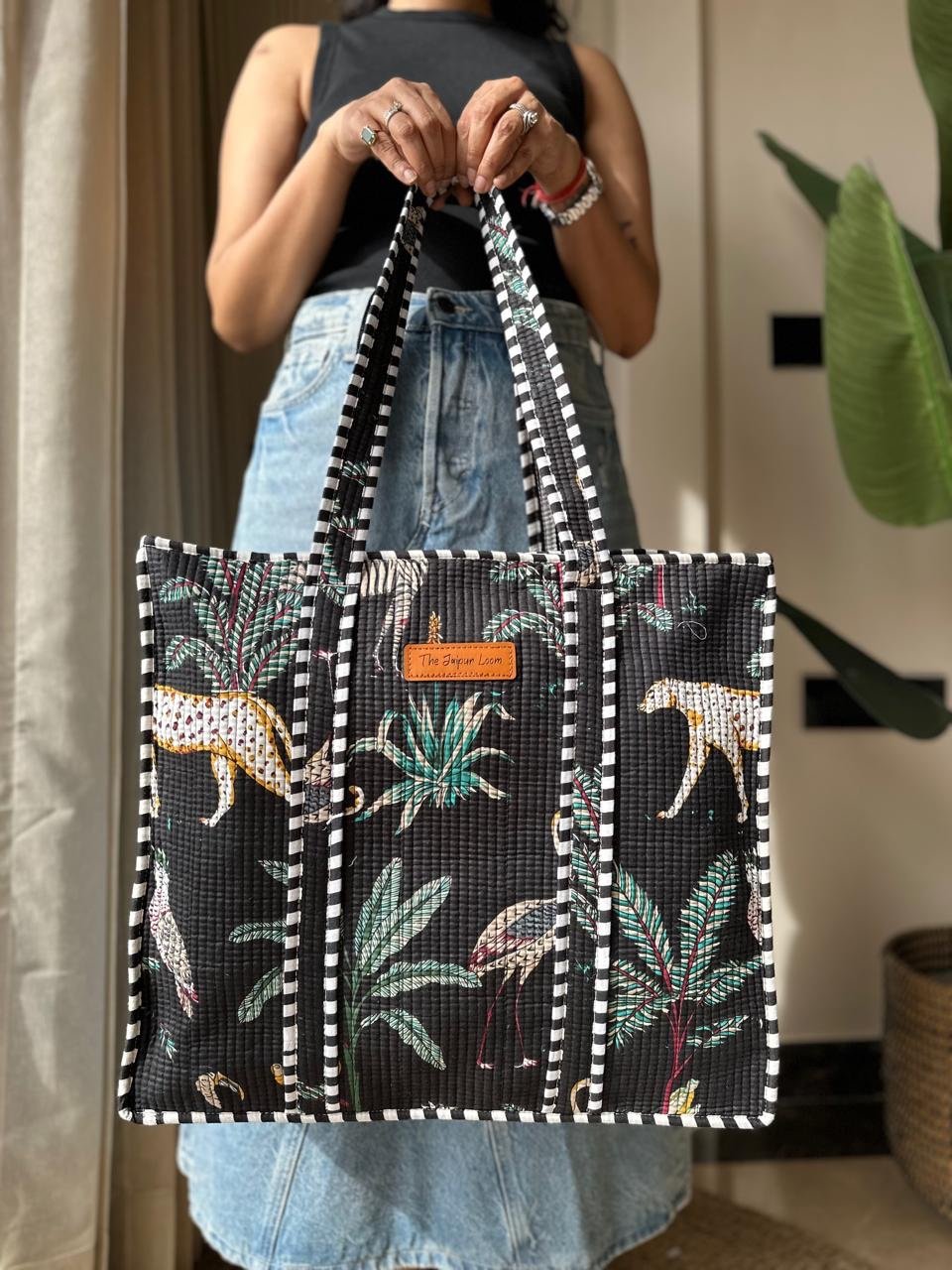 Quilted Tote Bag- Black Jungle - Image 3
