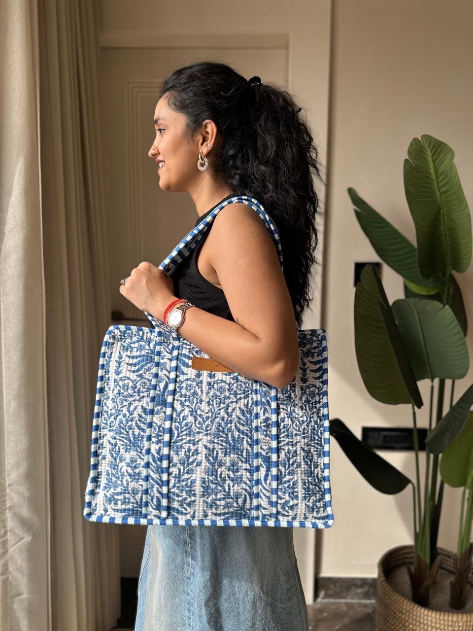 Quilted Tote Bag- Indigo Jaal - Image 8