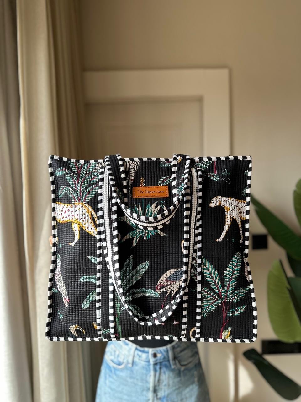 Quilted Tote Bag- Black Jungle