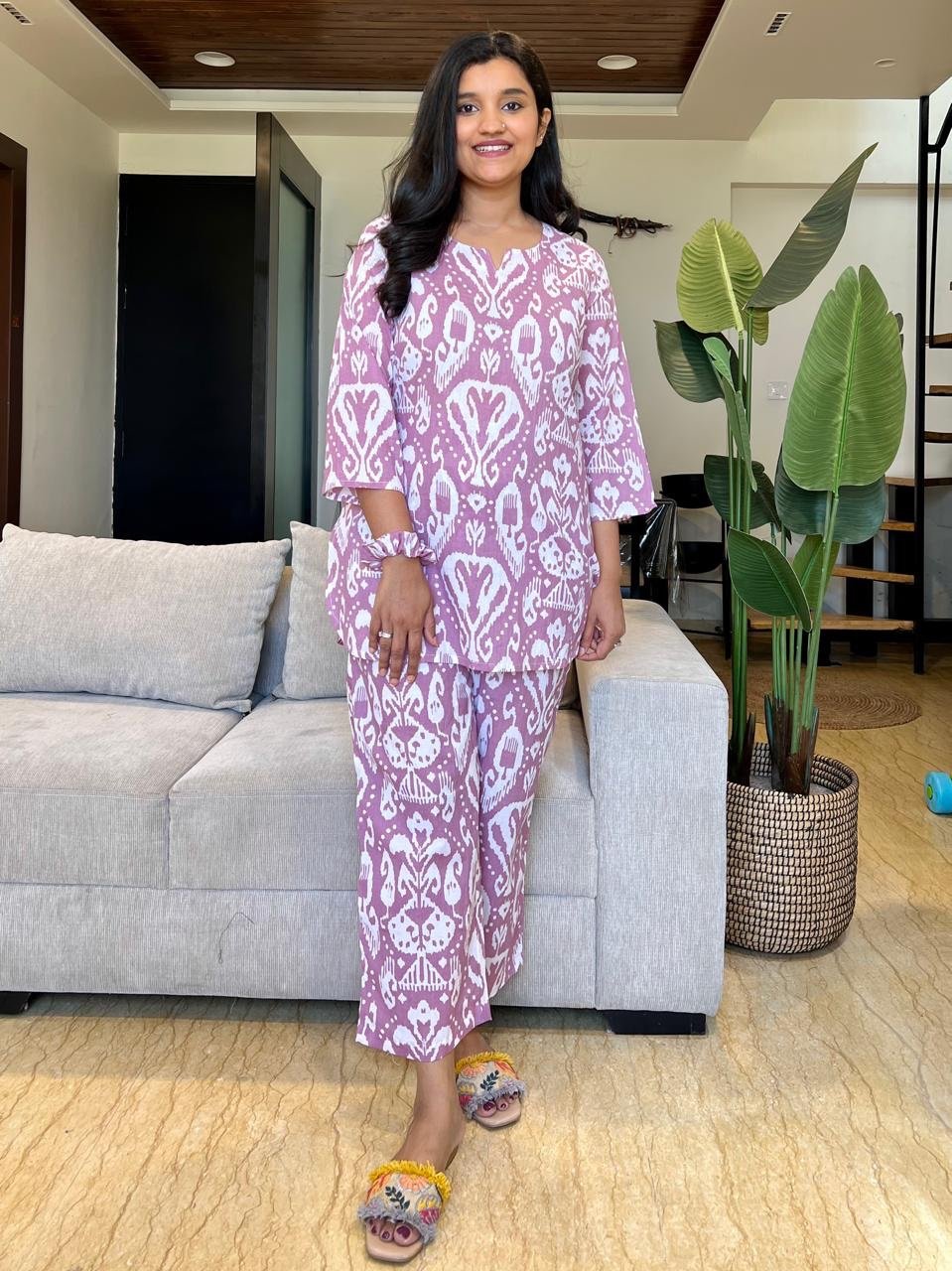 Cotton Lounge Set- Pink Ikkat
