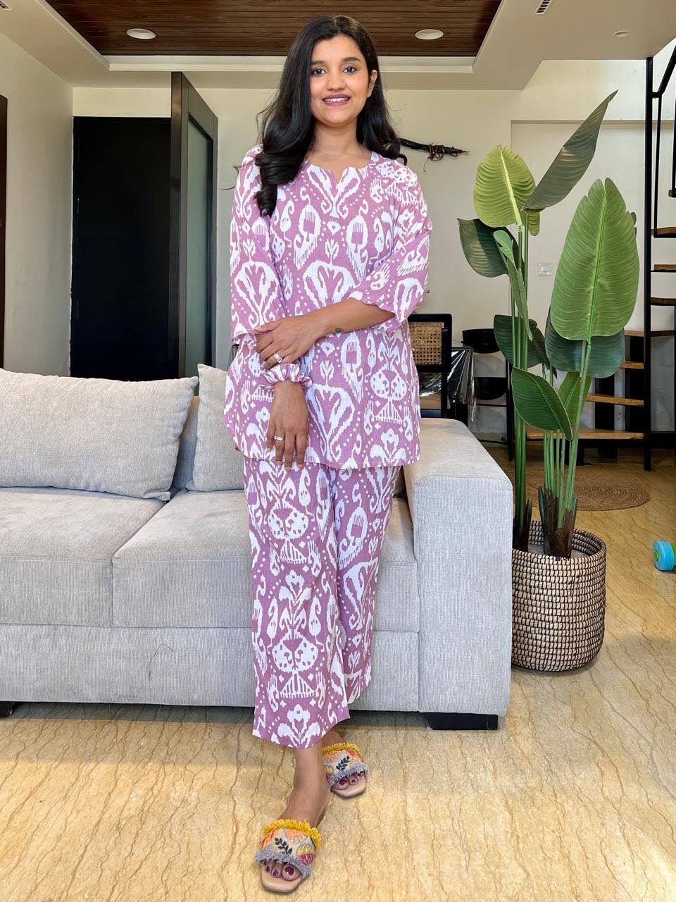 Cotton Lounge Set- Pink Ikkat - Image 3