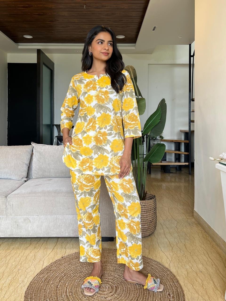 Cotton Lounge Set- Yellow Grey