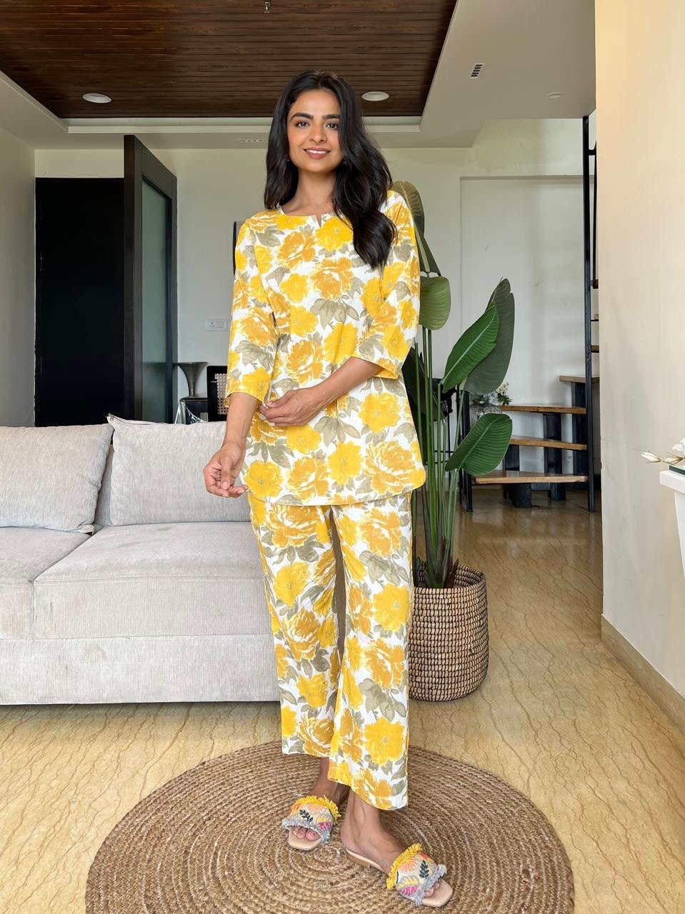 Cotton Lounge Set- Yellow Grey - Image 3