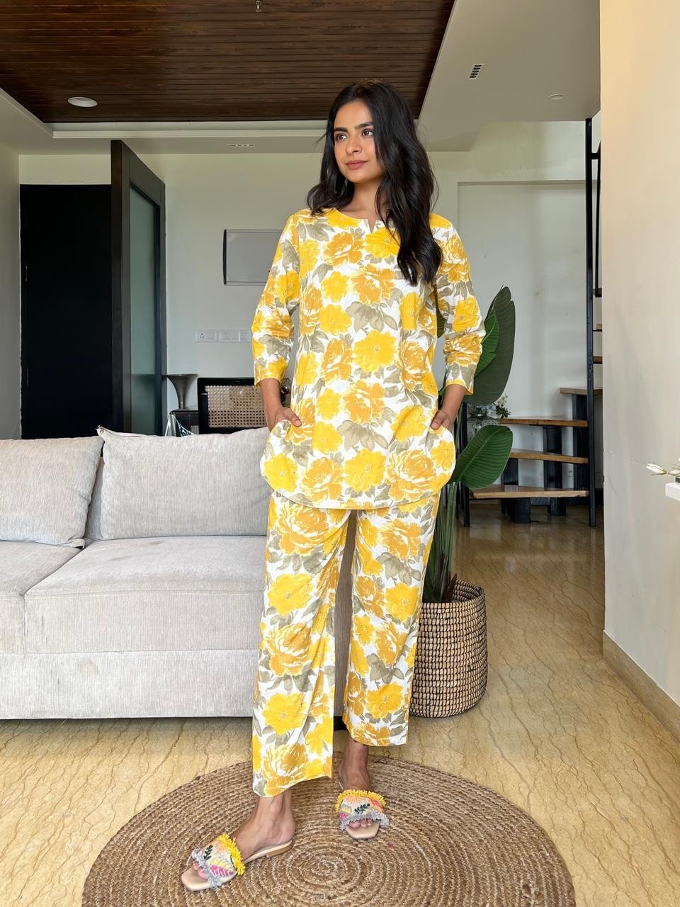 Cotton Lounge Set- Yellow Grey - Image 4
