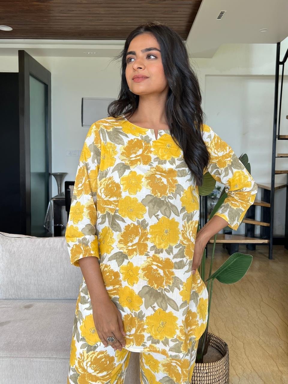 Cotton Lounge Set- Yellow Grey - Image 2