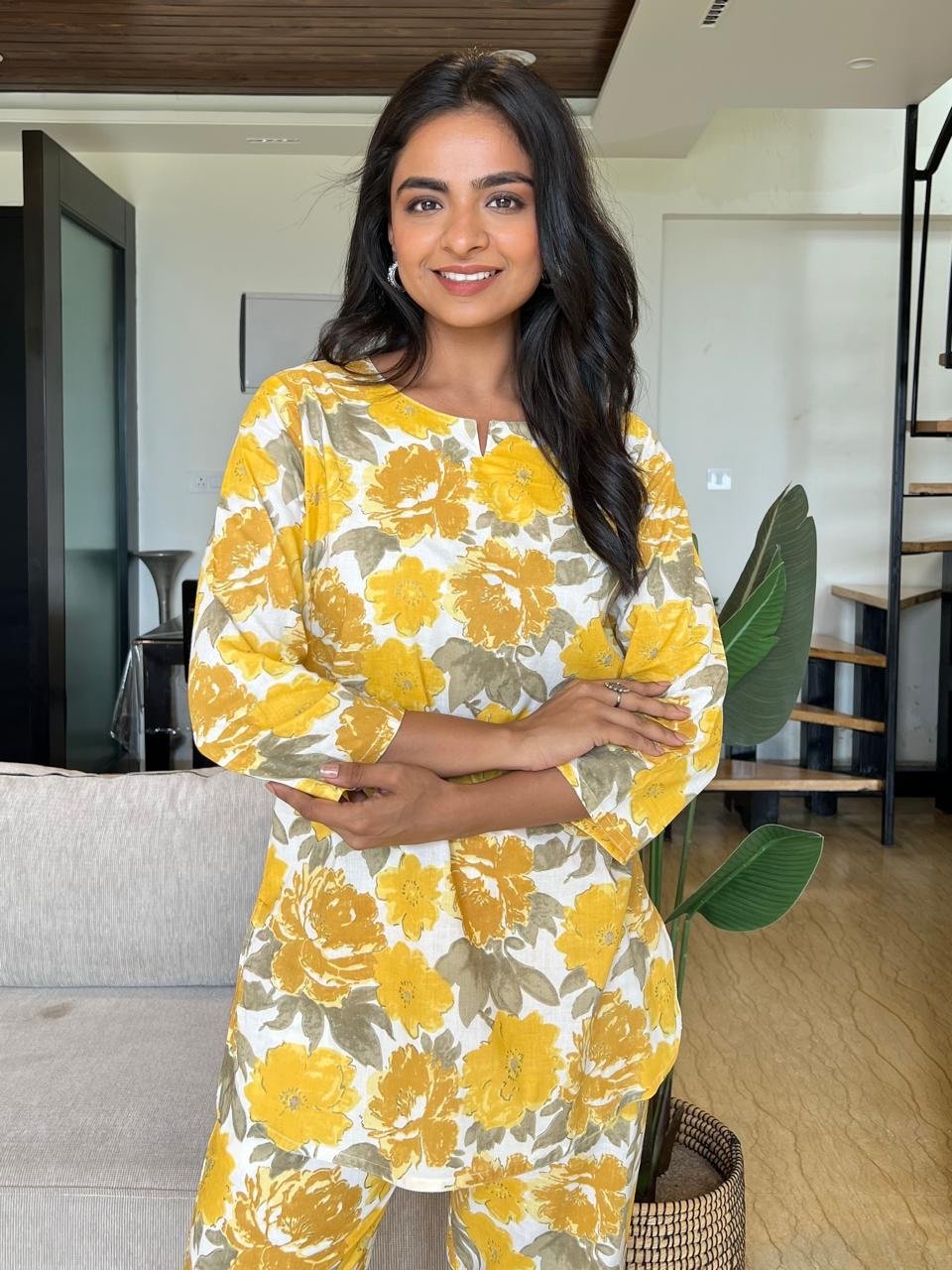 Cotton Lounge Set- Yellow Grey - Image 5