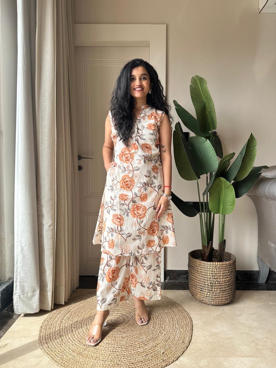Pavitra Slub Cotton Coord Set- Orange Florals
