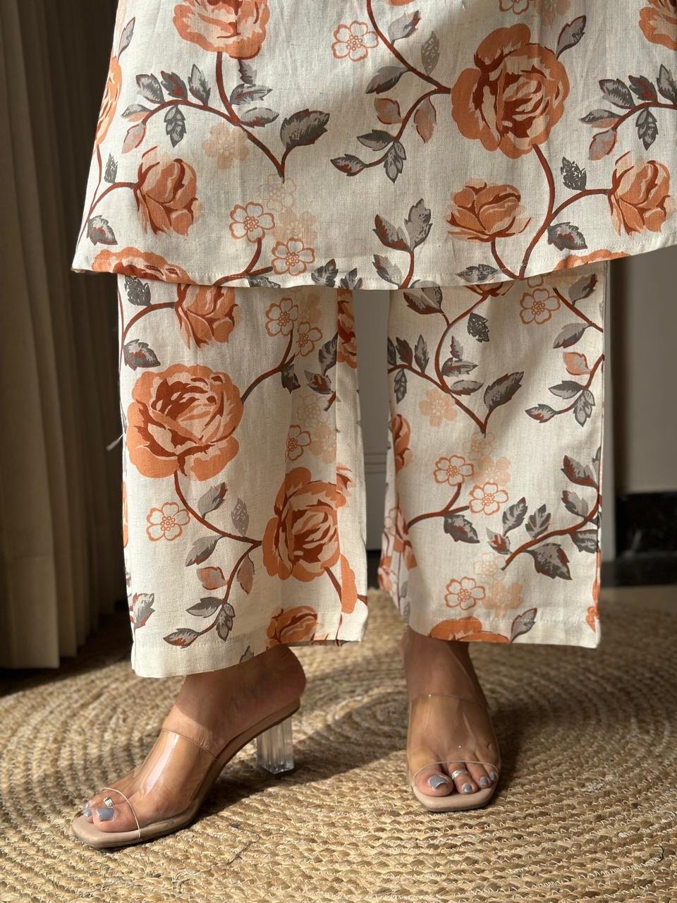Pavitra Slub Cotton Coord Set- Orange Florals - Image 6