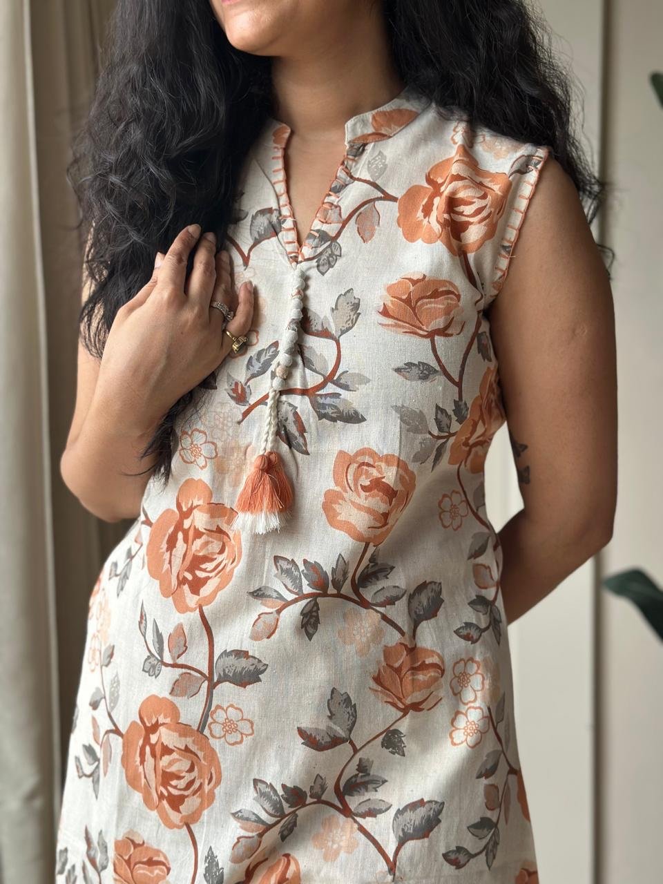 Pavitra Slub Cotton Coord Set- Orange Florals - Image 7