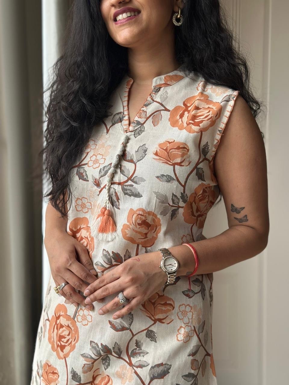 Pavitra Slub Cotton Coord Set- Orange Florals - Image 2