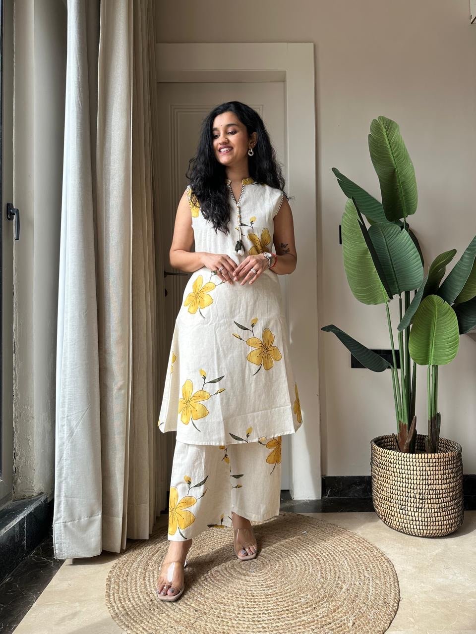Pavitra Slub Cotton Coord Set- Yellow Flowers - Image 3