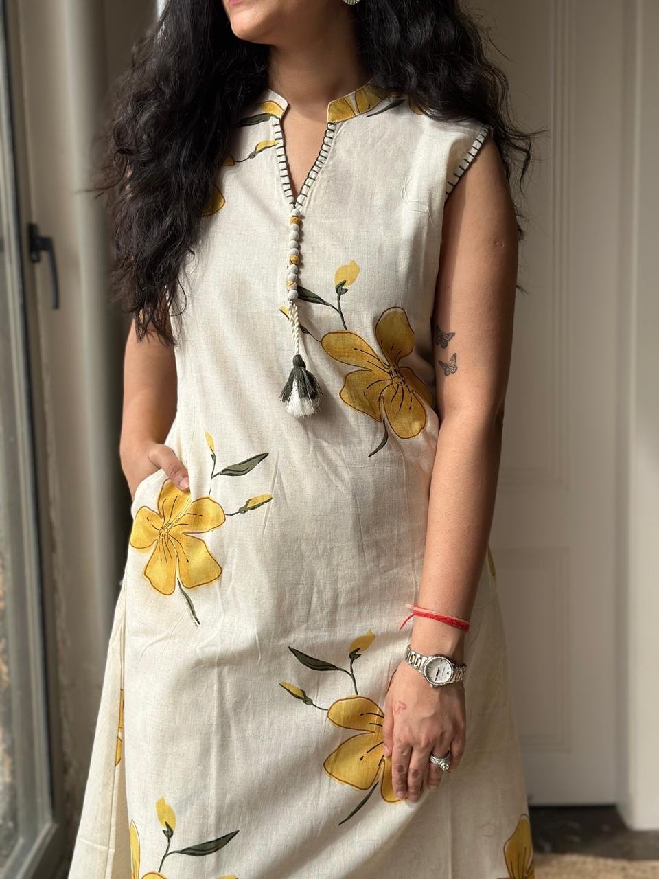 Pavitra Slub Cotton Coord Set- Yellow Flowers - Image 5