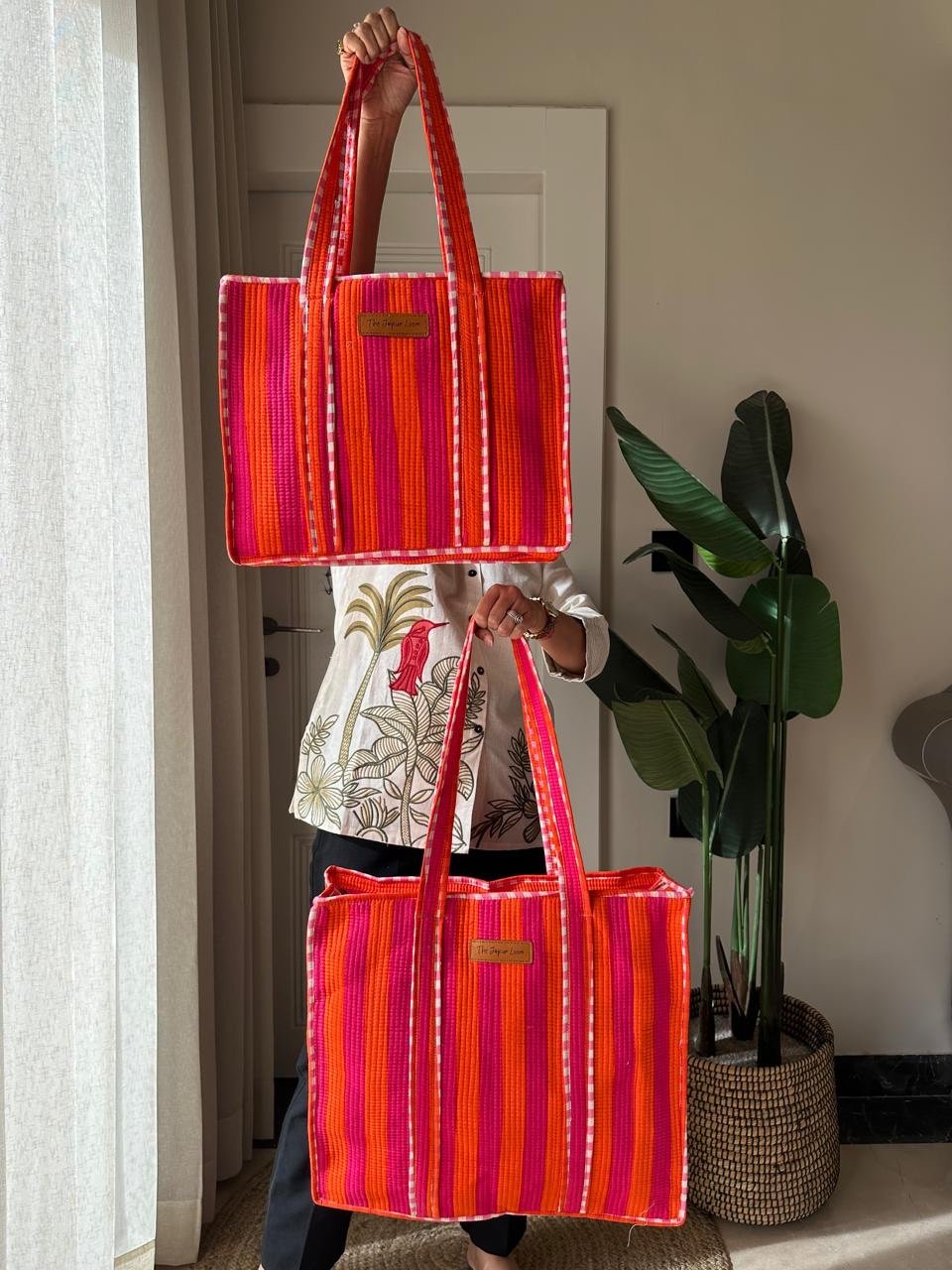 Quilted Tote Bag- Pink Orange Stripes - Image 8