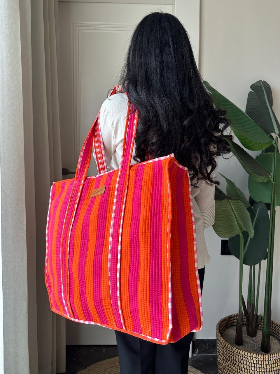 Quilted Tote Bag- Pink Orange Stripes - Image 5