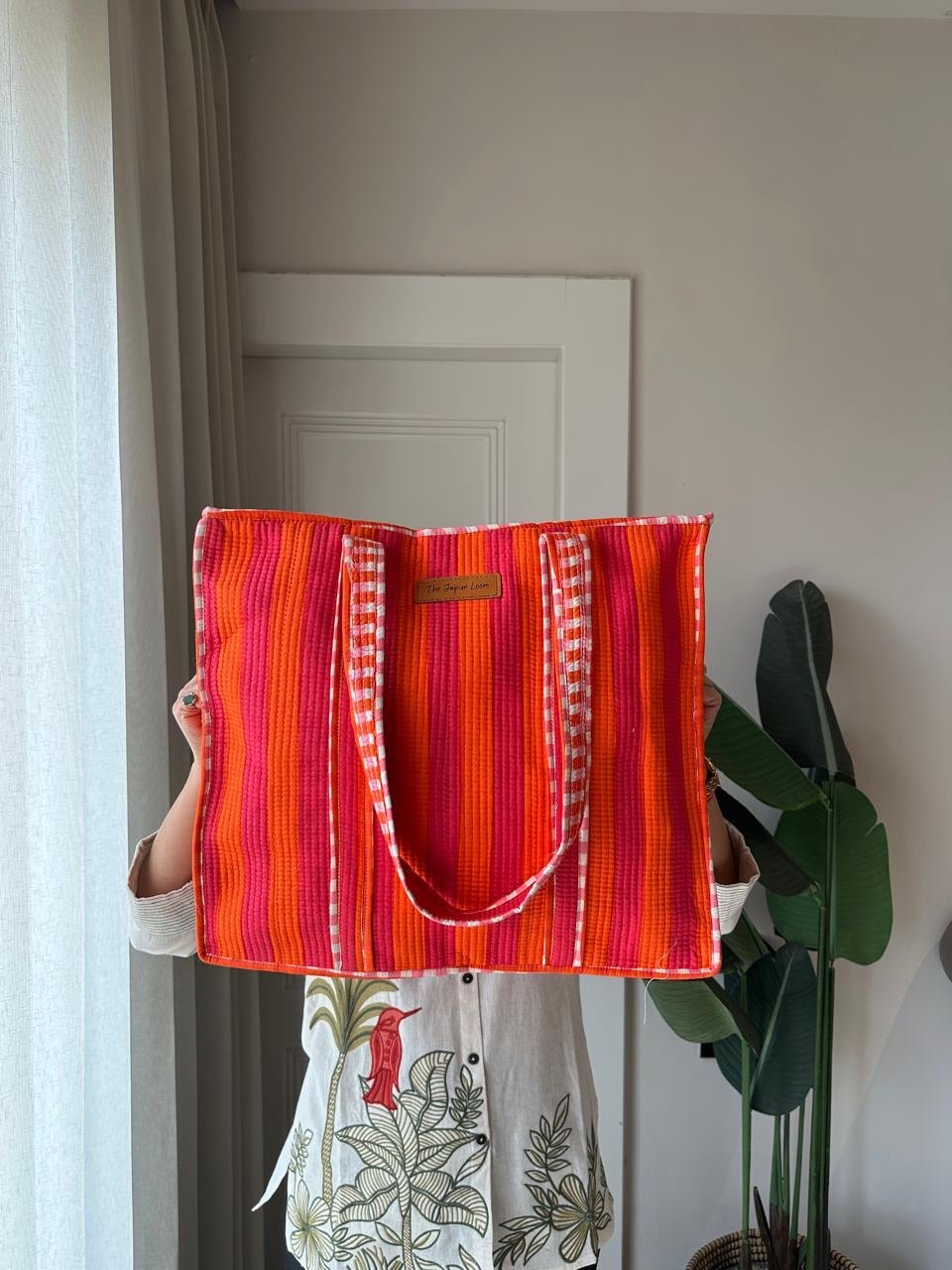 Quilted Tote Bag- Pink Orange Stripes - Image 4