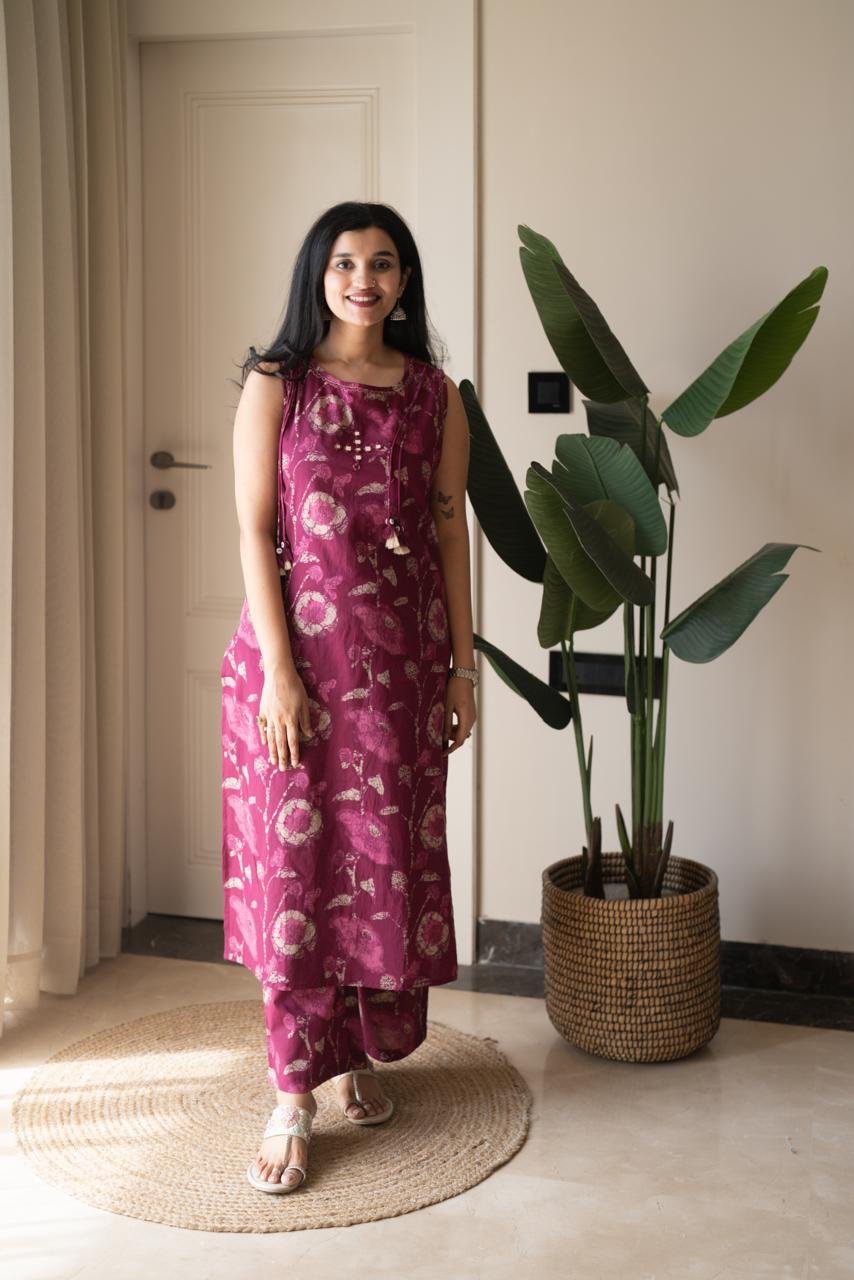 Kisha Sleeveless Cotton Set- Pink Batik