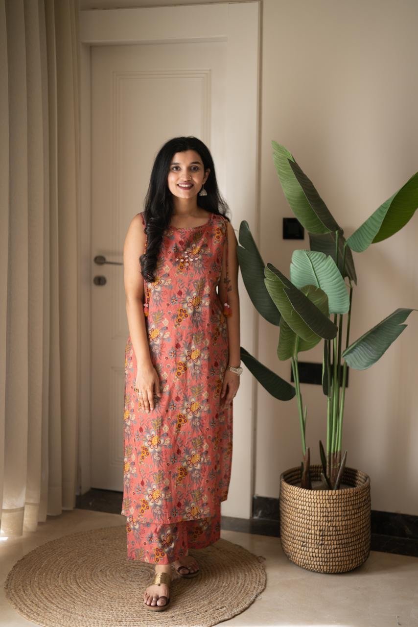 Kisha Sleeveless Cotton Set- Pink Floral