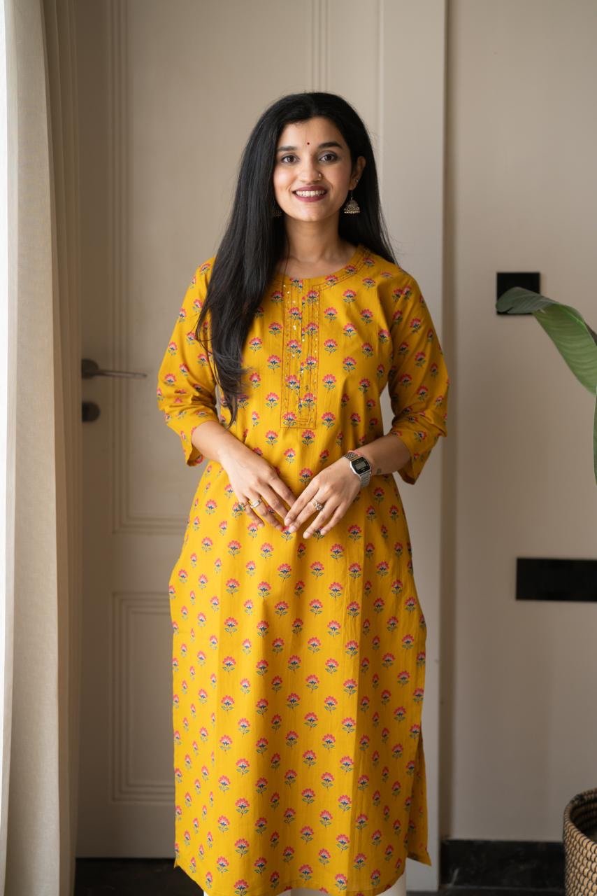 Rusha Straight Cotton Kurti- Mustard - Image 7