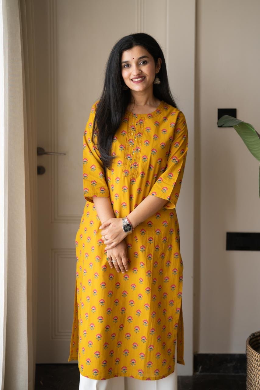 Rusha Straight Cotton Kurti- Mustard - Image 5