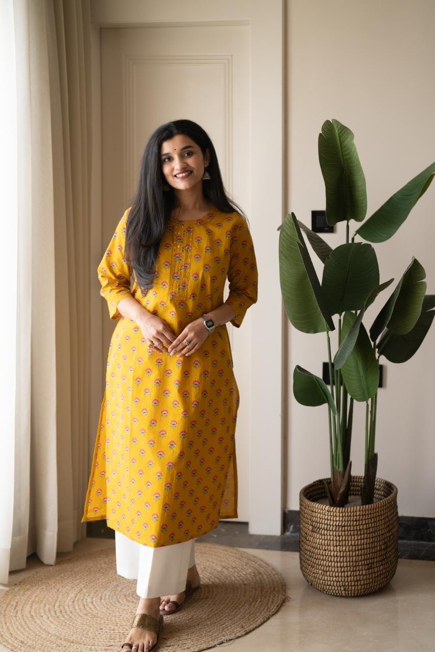 Rusha Straight Cotton Kurti- Mustard - Image 2