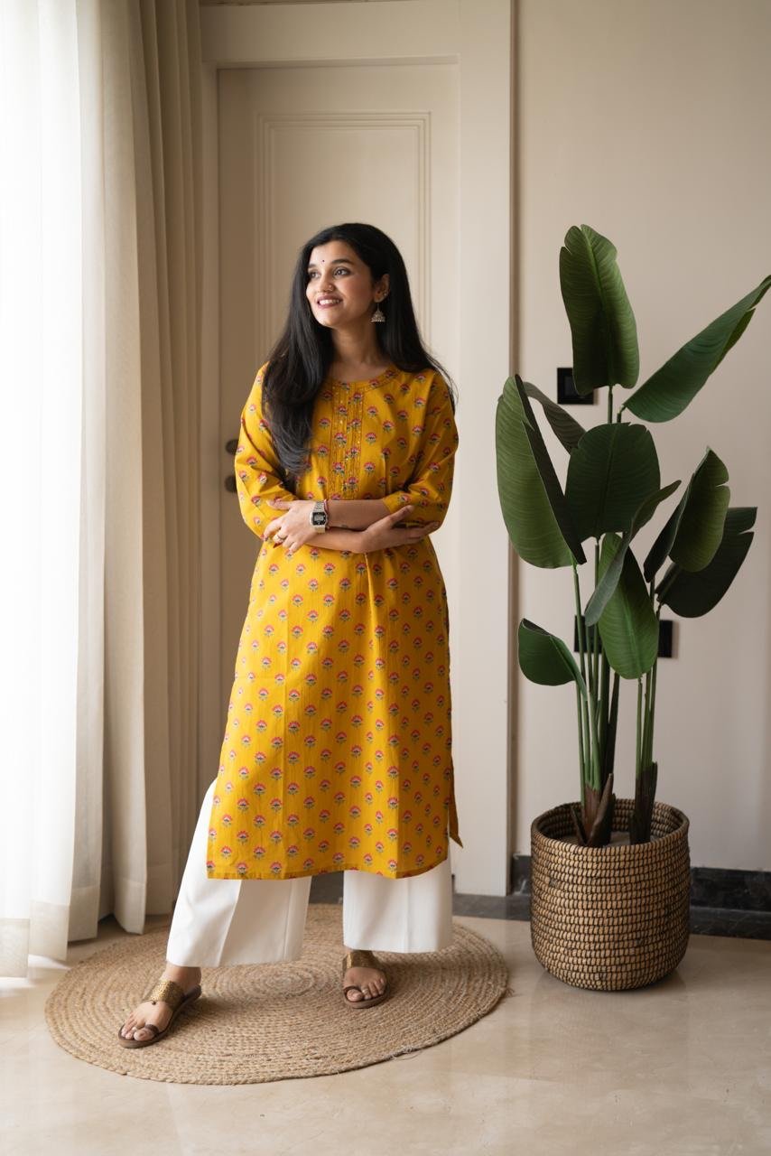 Rusha Straight Cotton Kurti- Mustard - Image 8