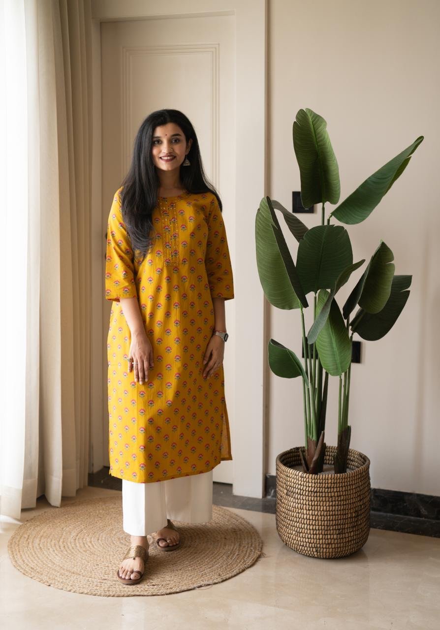 Rusha Straight Cotton Kurti- Mustard