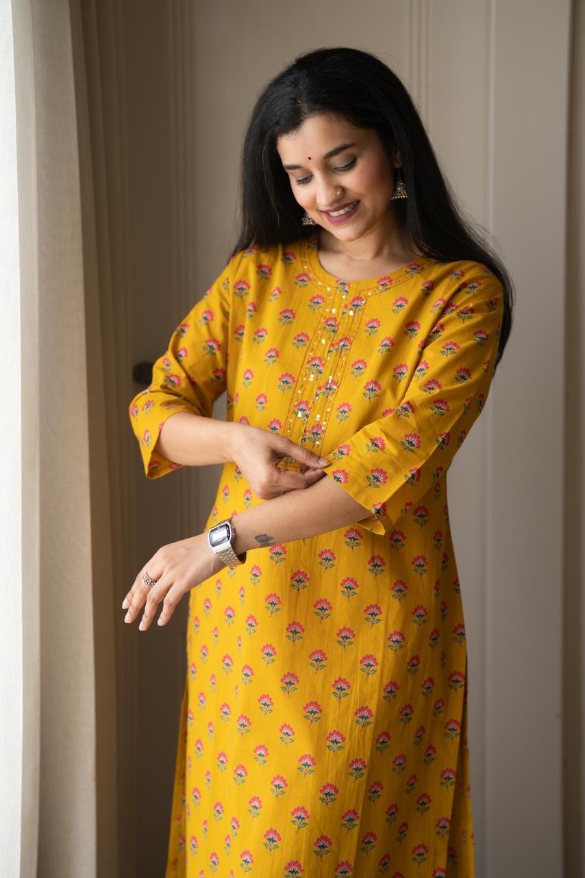 Rusha Straight Cotton Kurti- Mustard - Image 6