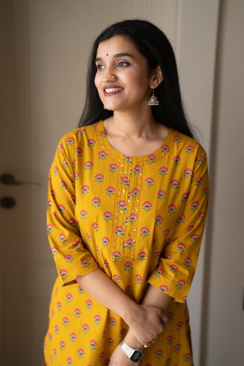Rusha Straight Cotton Kurti- Mustard - Image 3