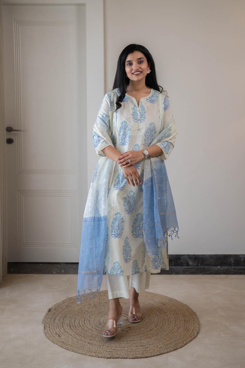 Anaisha Kota Doria Dupatta Set- Blue