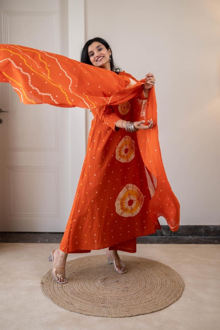 Tina Bandhej Timeless Cotton Suit- Orange - Image 7