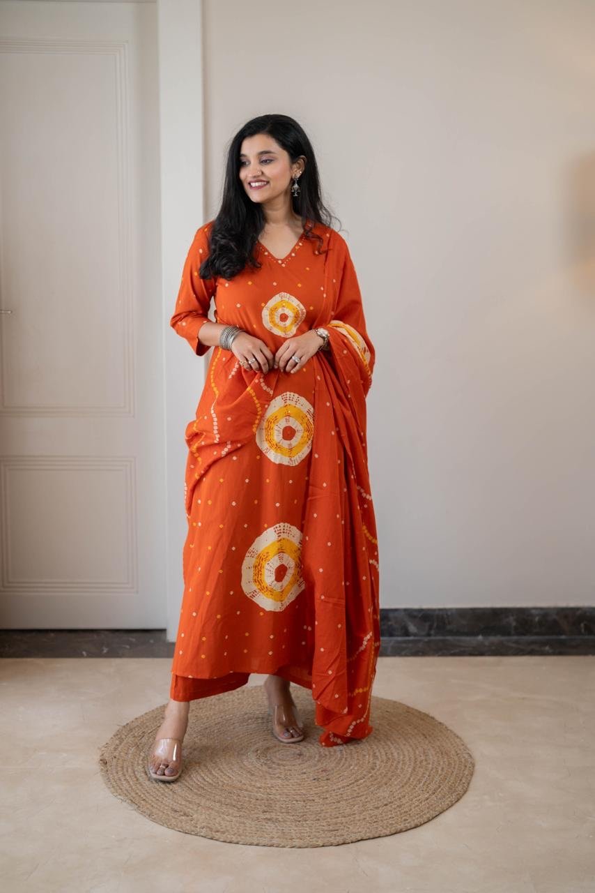 Tina Bandhej Timeless Cotton Suit- Orange