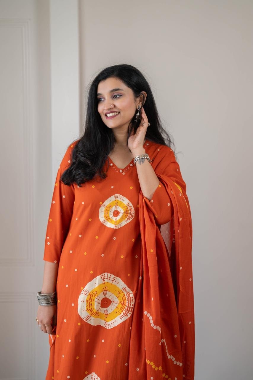 Tina Bandhej Timeless Cotton Suit- Orange - Image 2