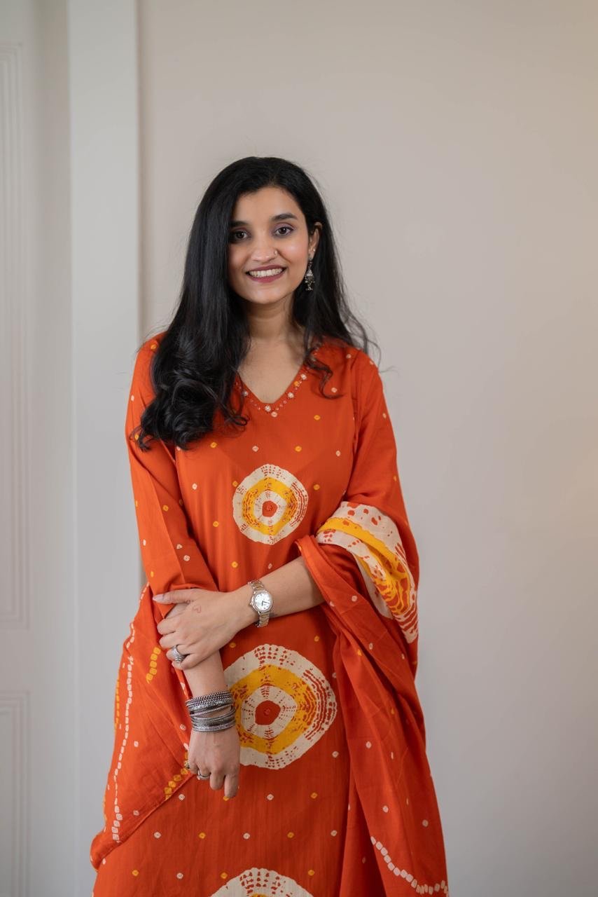 Tina Bandhej Timeless Cotton Suit- Orange - Image 4