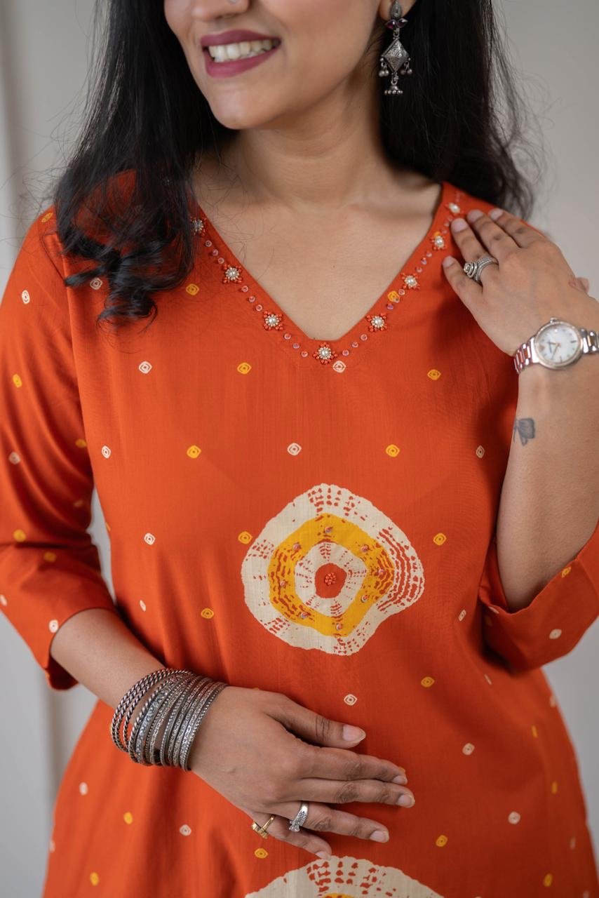 Tina Bandhej Timeless Cotton Suit- Orange - Image 8