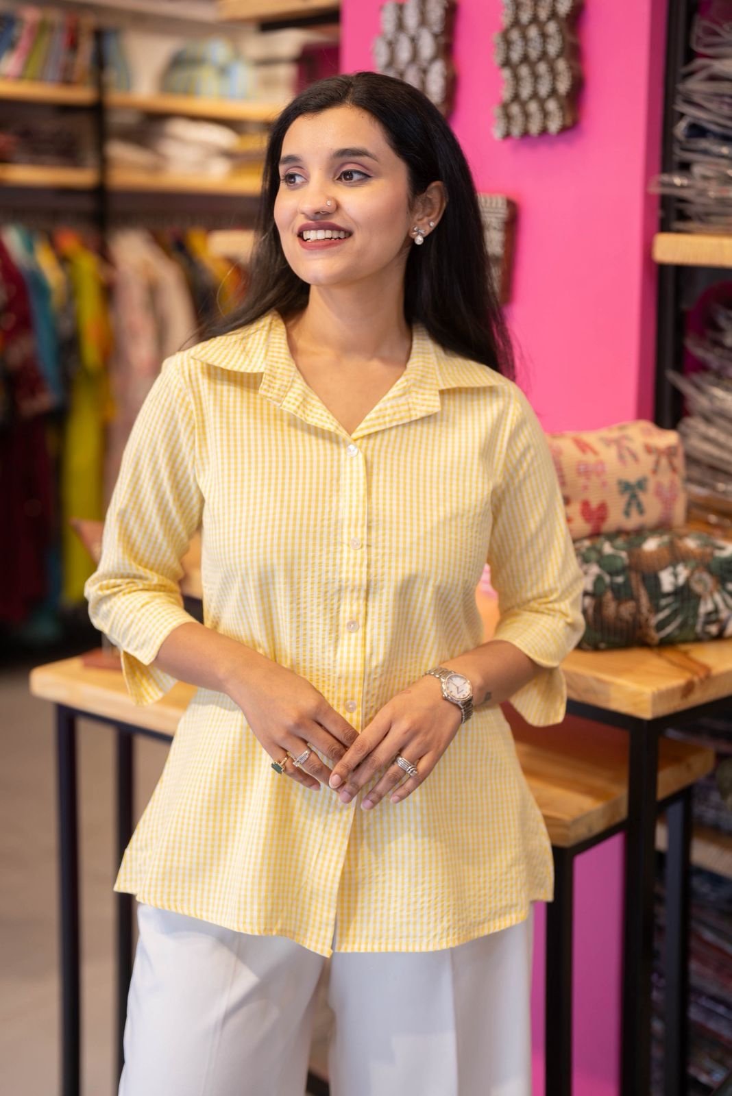 Shriya Gingham Cotton Shirt- Yellow - Image 7