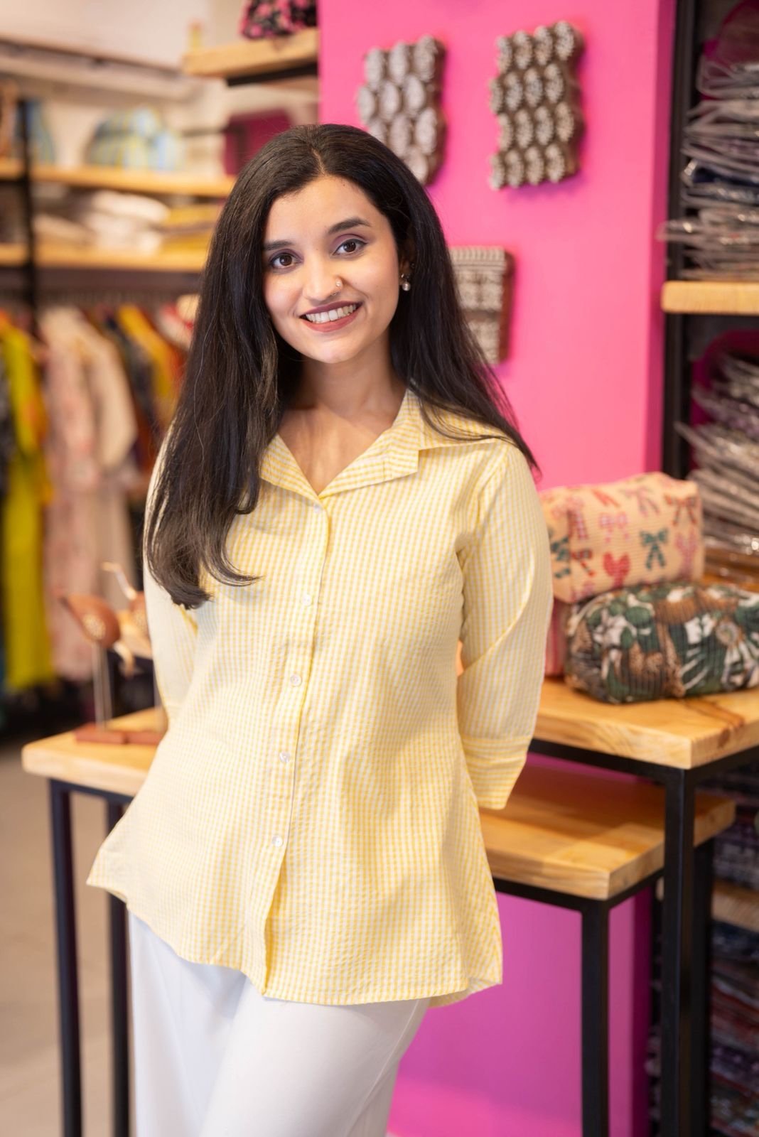Shriya Gingham Cotton Shirt- Yellow - Image 3