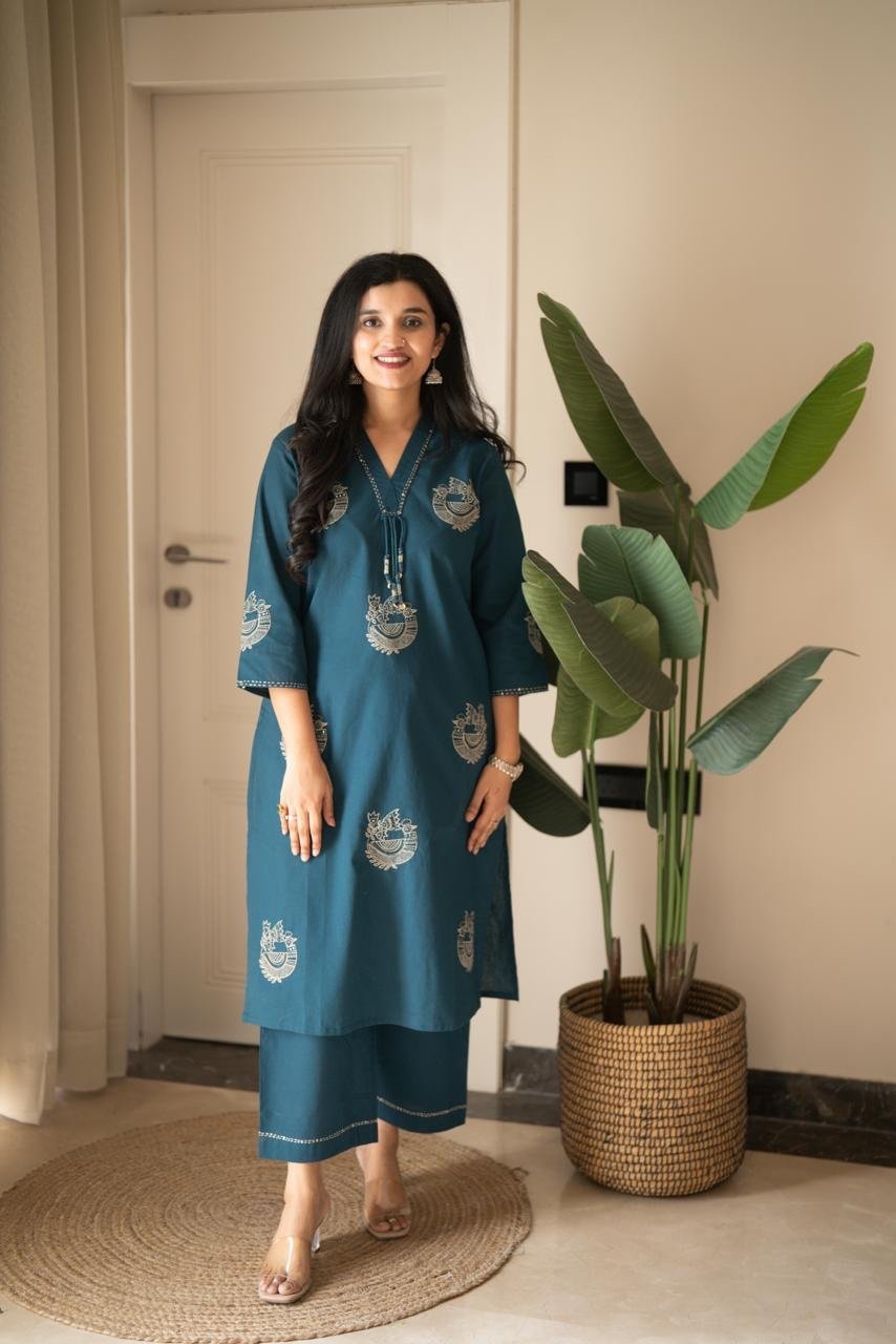 Raisha Embroidered Pant Set- Teal