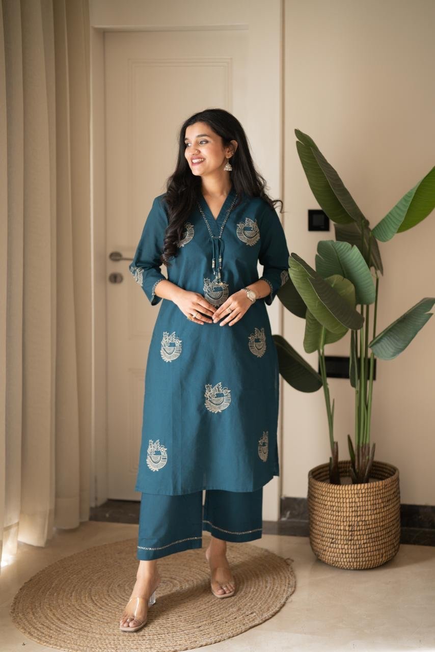 Raisha Embroidered Pant Set- Teal - Image 2