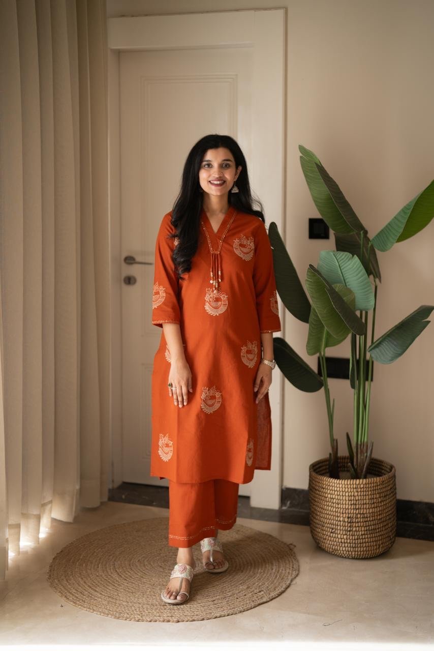 Raisha Embroidered Pant Set- Orange