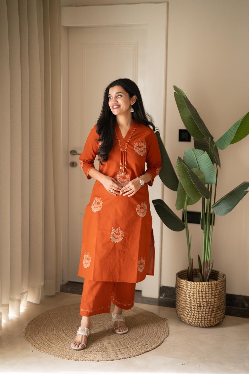 Raisha Embroidered Pant Set- Orange - Image 3