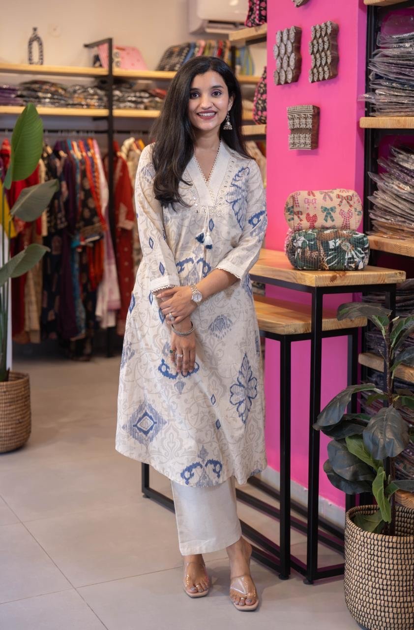 Leena Ikkat Slub Cotton Set- Blue - Image 7