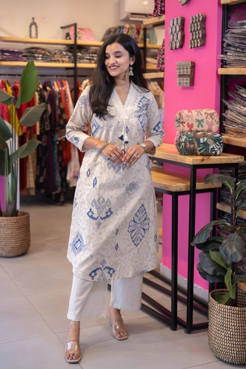 Leena Ikkat Slub Cotton Set- Blue - Image 3