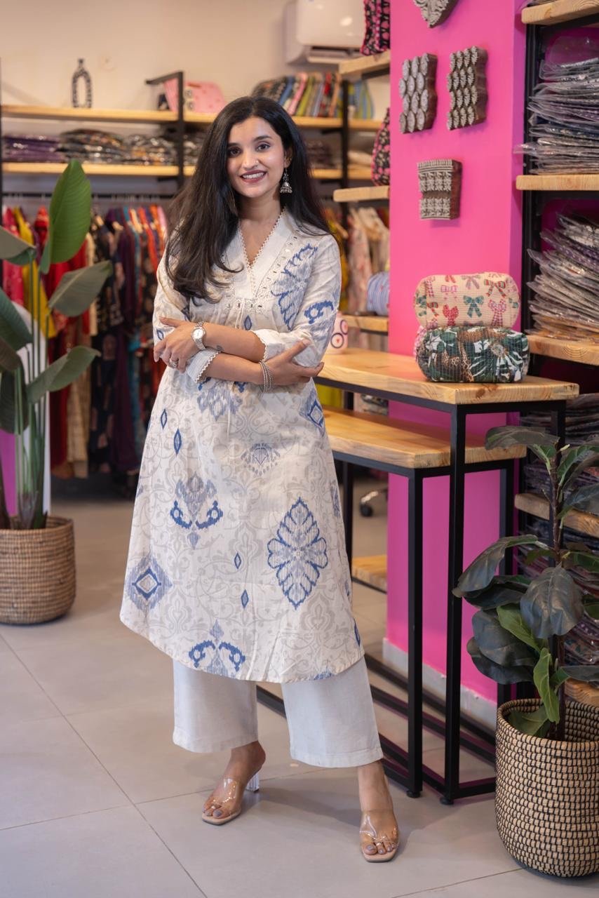 Leena Ikkat Slub Cotton Set- Blue - Image 9