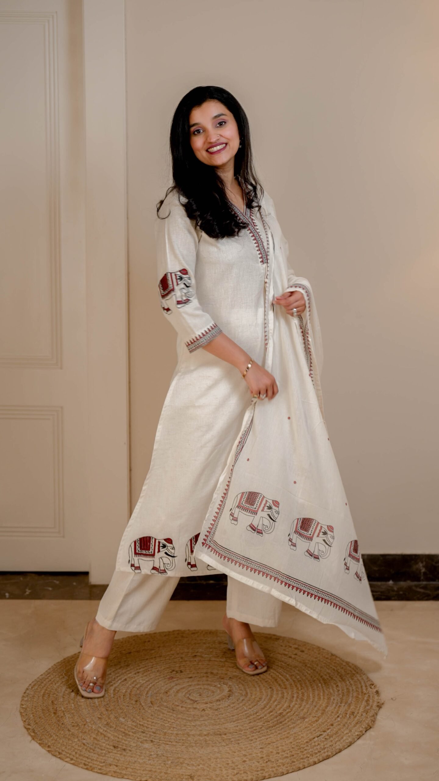 Shiya Embroidered Cotton Set- Off White Red - Image 5