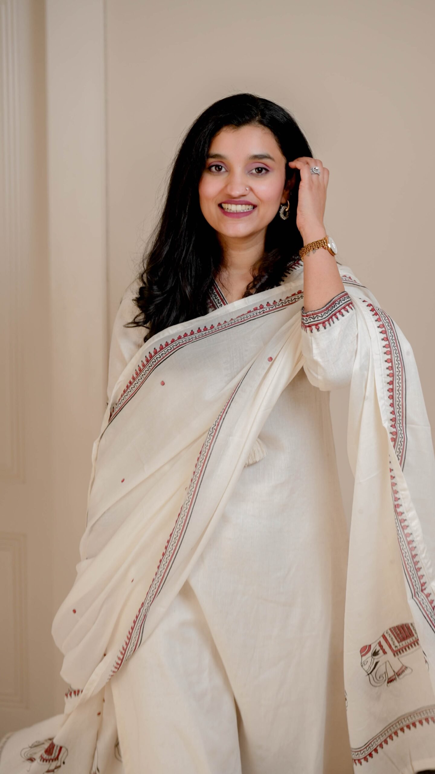 Shiya Embroidered Cotton Set- Off White Red - Image 4