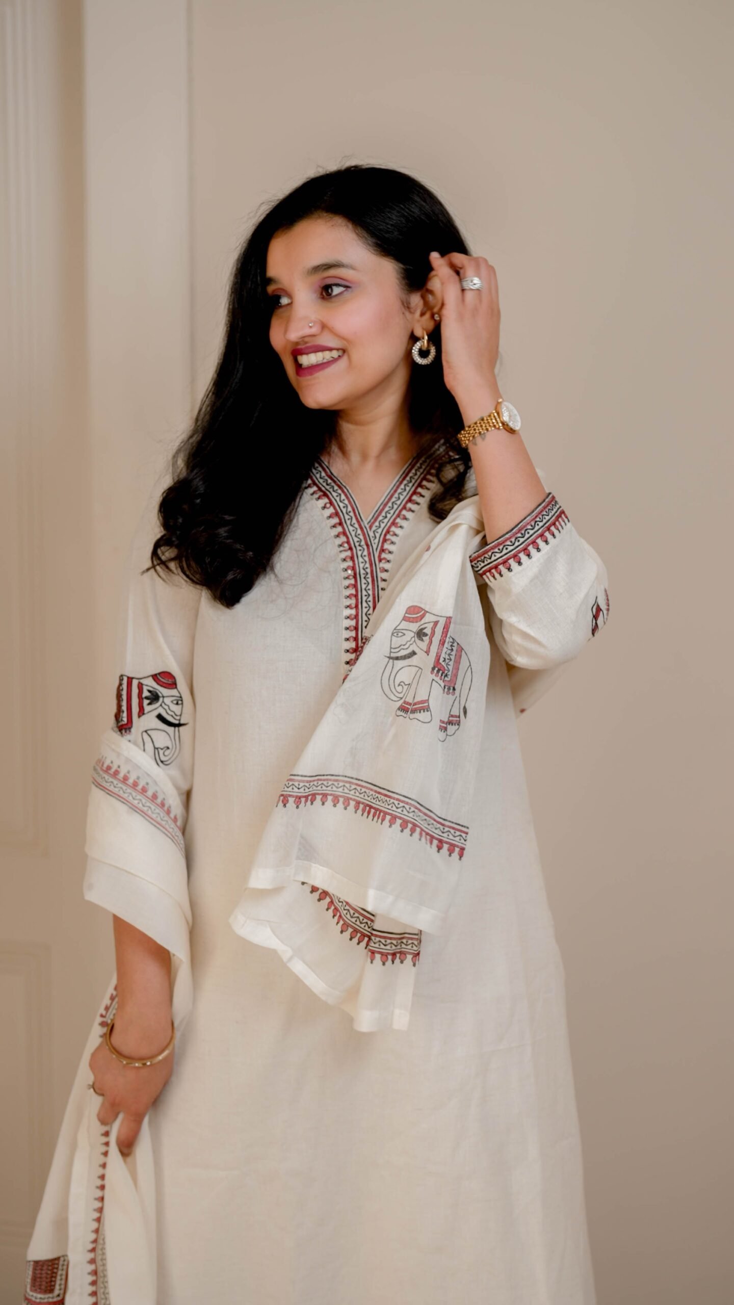 Shiya Embroidered Cotton Set- Off White Red - Image 2